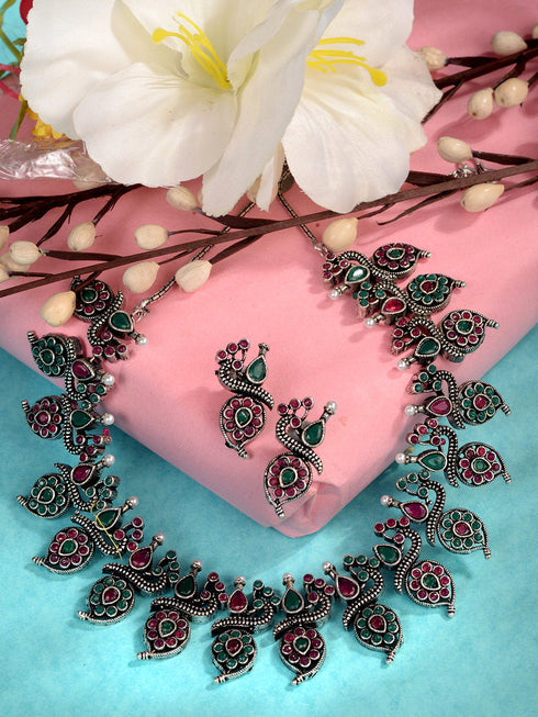 Silver Oxidised Green stone studded Peacock Choker Necklace Jewellery Set