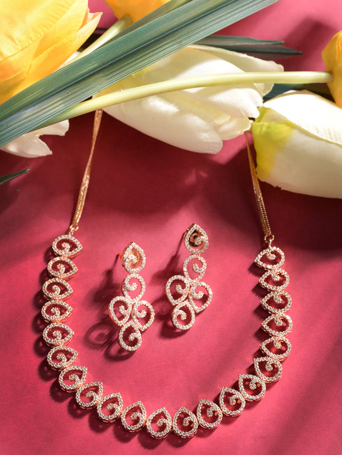 Rose Gold Plated AD Studded Minimal Necklace jewellery Set