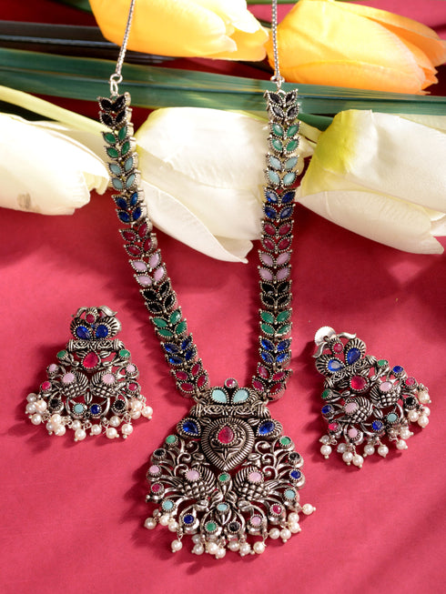 Silver Oxidised Multi stone studded Navratan Statement Necklace Jewellery Set