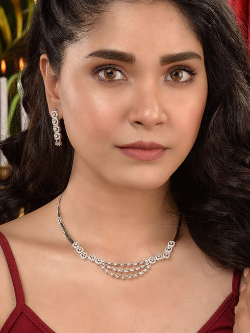 Silver Toned AD Studded layered Necklace jewellery Set