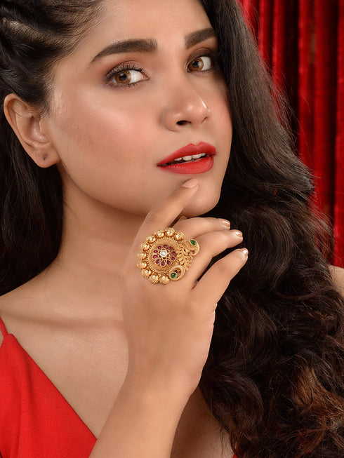 Women Red & GoldPlated AD Peacock Statement Adjustable Finger Ring