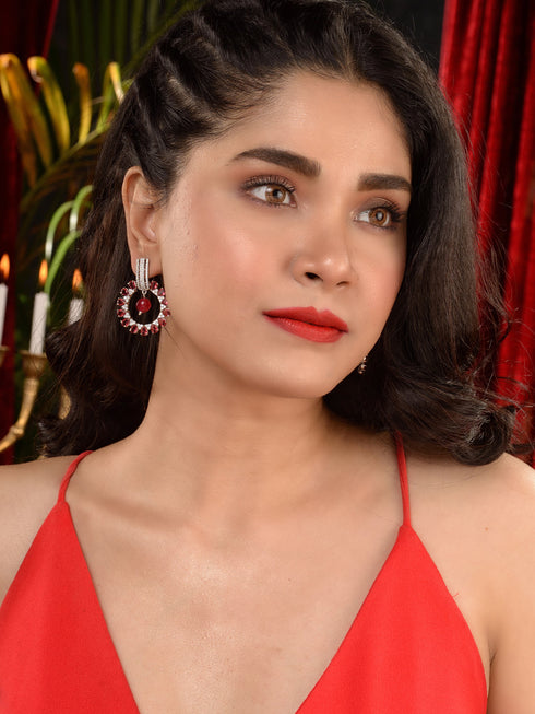 Silver Plated Red AD studded Statement Hoop Earring