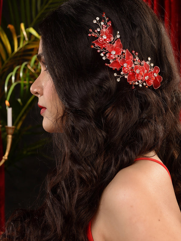 Gold Toned & Red Stocking Flowers Beaded Tiara Hair Accessory