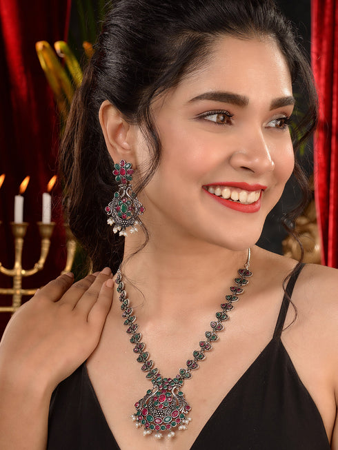 Oxidised Green stone studded Peacock Design Necklace Jewellery Set