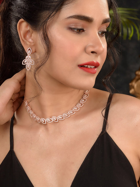 Rose Gold Plated AD Studded Geometric Minimal Necklace Jewellery Set