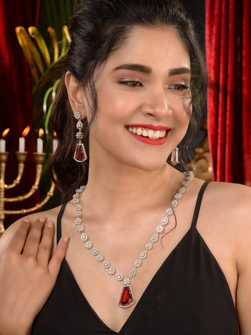 Silver Toned Red AD studded Luxe Haram Necklace Jewellery Set