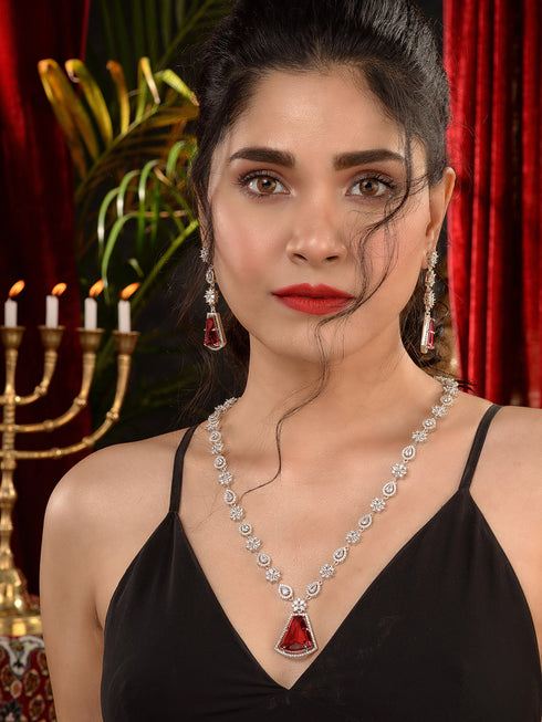 Silver Toned Red AD studded Luxe Haram Necklace Jewellery Set