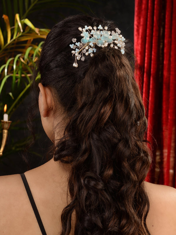 Silver Toned & Blue Stocking Flowers Beaded Hair Accessory