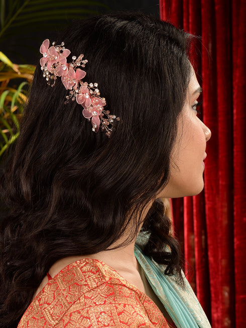 Gold Toned & Pink Stocking Flowers Beaded Tiara Hair Accessory