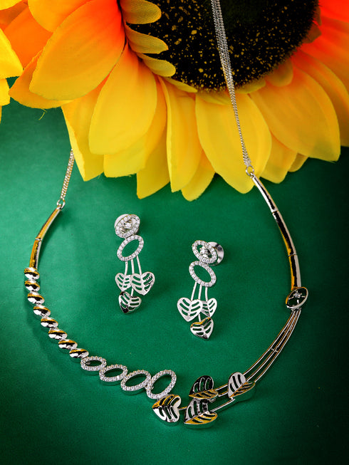 White Silver Toned AD Studded Heart Shape Necklace Jewellery Set