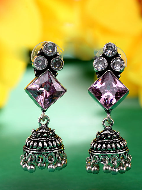 Silver Oxidised Pink Stone Jhumki Minimal Earring