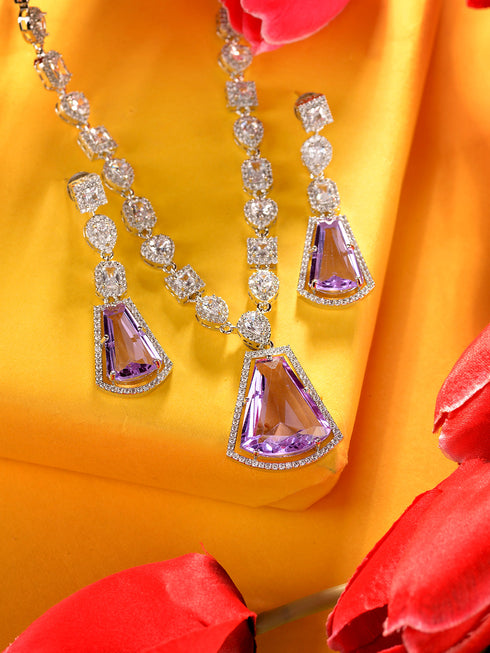 Silver Toned Lavender AD Studded Necklace Jewellery Set