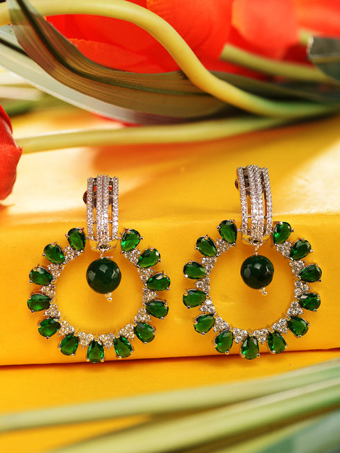 Silver Toned Green AD Luxe Hoop Earrings