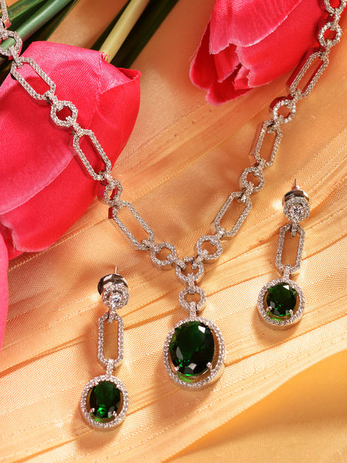 Silver Plated Green AD Studded Statement Link Necklace Jewellery Set