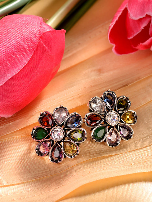 Silver Oxidised Navratan Minimal stud Earring