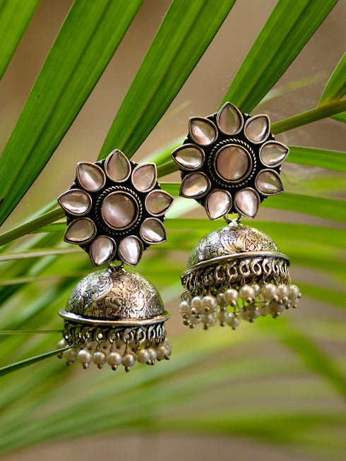 Siver Oxidised Pink AD Pearl studded Handmade Jhumka Earring