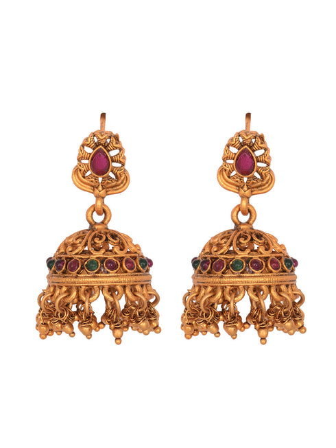 Gold Plated Red Kempo Goddess Lakshmi Deseigner Temple Jewellery Set