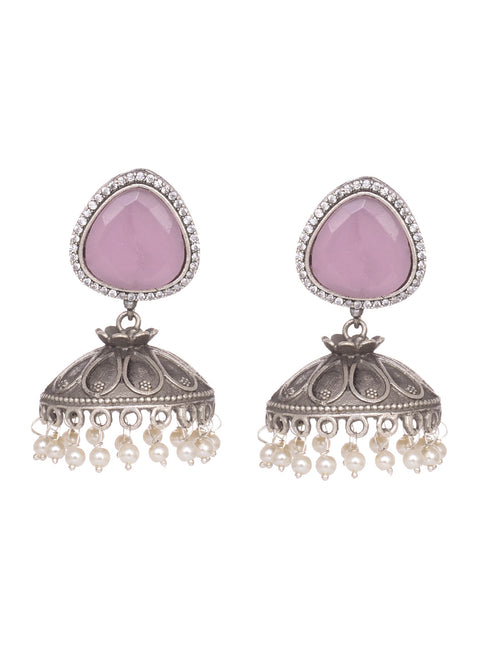 Silver Oxidised Pink Stone & Pearl Jhumka Earrings