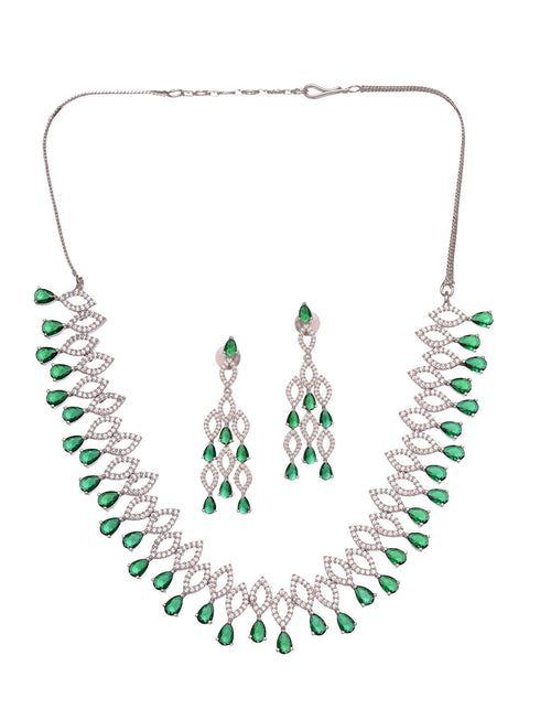 Silver Plated Green AD studded Chandelier Necklace Jewellery Set