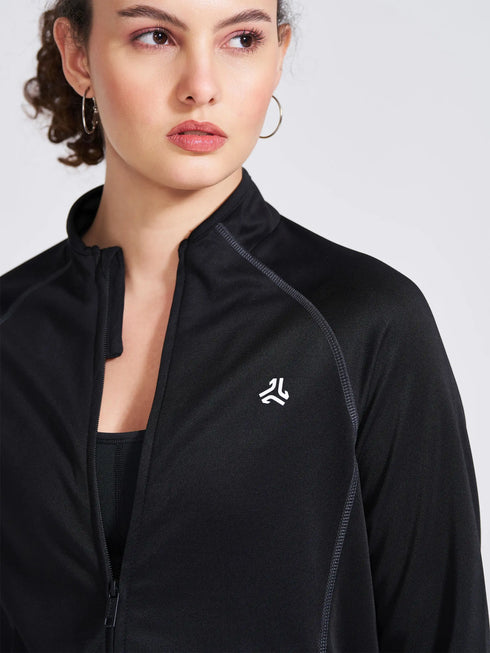 Women's Black Solid Stand Collar Jacket