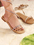 GNIST Beige Embellished Tie up Flat Sandal