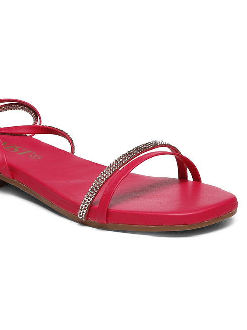 GNIST Hot Pink Embellished Tie up Flat Sandal