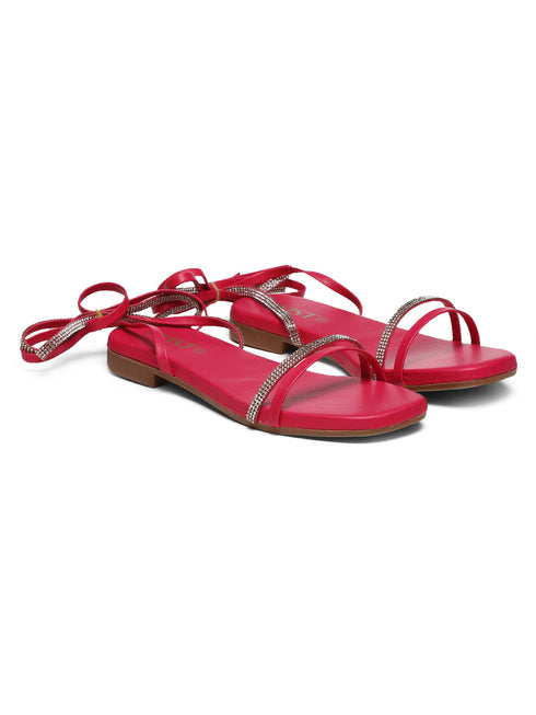 GNIST Hot Pink Embellished Tie up Flat Sandal