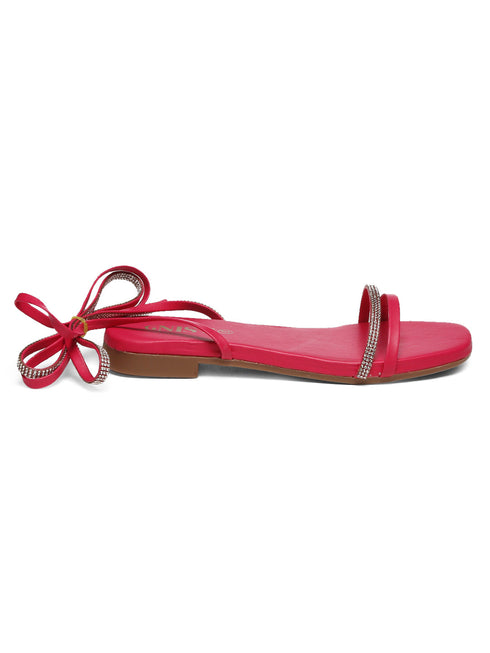GNIST Hot Pink Embellished Tie up Flat Sandal