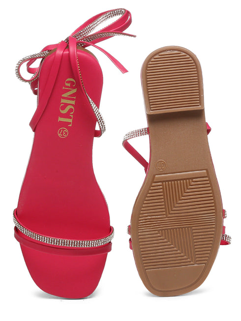 GNIST Hot Pink Embellished Tie up Flat Sandal