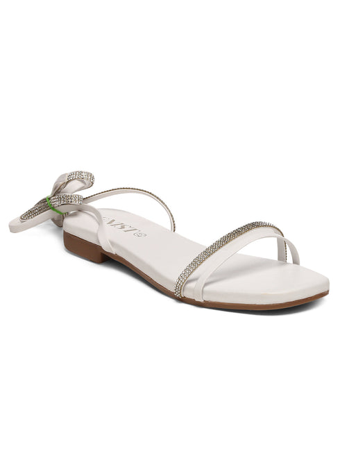 GNIST White Embellished Tie up Flat Sandal