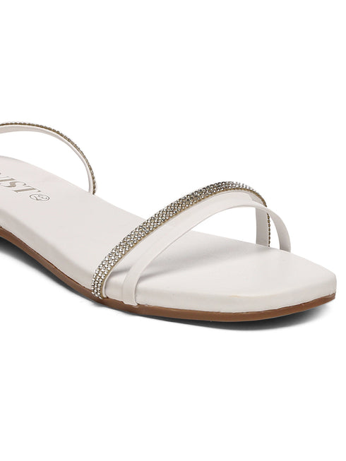 GNIST White Embellished Tie up Flat Sandal