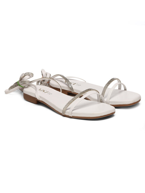 GNIST White Embellished Tie up Flat Sandal