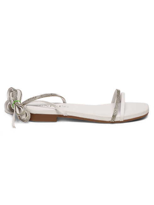 GNIST White Embellished Tie up Flat Sandal