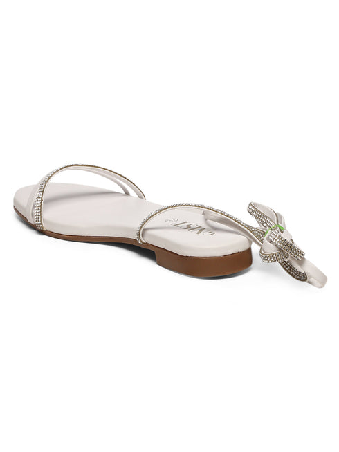 GNIST White Embellished Tie up Flat Sandal