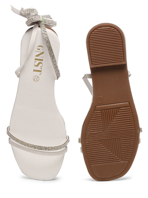 GNIST White Embellished Tie up Flat Sandal