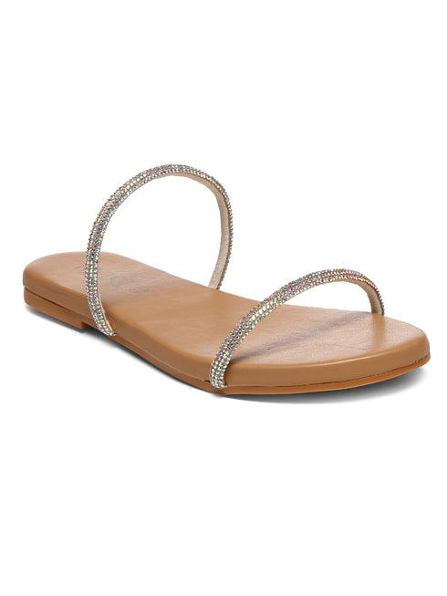 GNIST Beige Rhinestone Embellished Flat Sandal