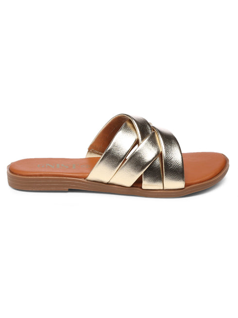 GNIST Comfy Strappy Slip on Gold Flats