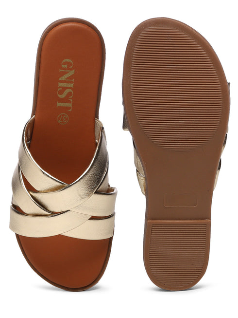 GNIST Comfy Strappy Slip on Gold Flats