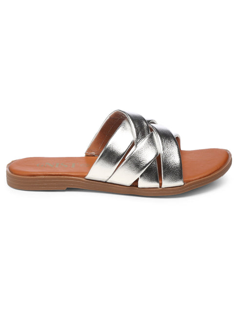 GNIST Comfy Strappy Slip on Silver Flats