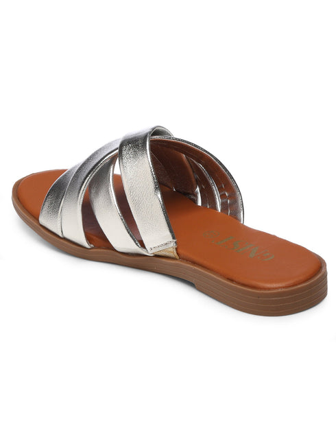 GNIST Comfy Strappy Slip on Silver Flats