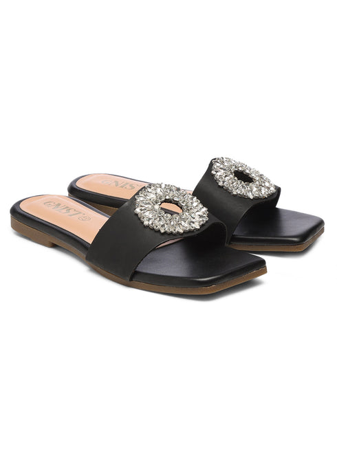 GNIST Embellished Chic Vegan Leather Black Party Flats