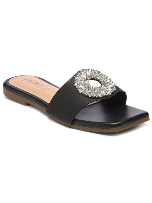 GNIST Embellished Chic Vegan Leather Black Party Flats