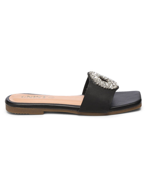 GNIST Embellished Chic Vegan Leather Black Party Flats