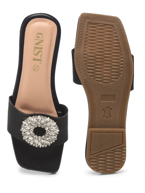 GNIST Embellished Chic Vegan Leather Black Party Flats