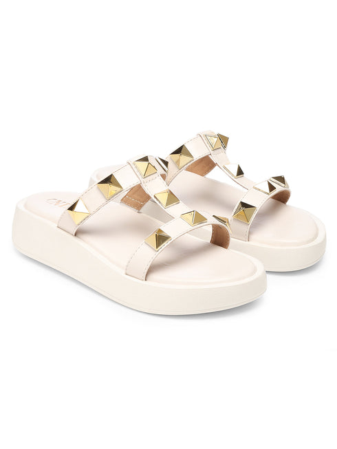 GNIST T Strap Studded Flatform White Platform heels