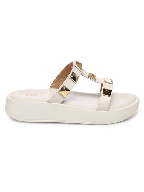 GNIST T Strap Studded Flatform White Platform heels