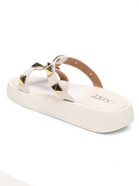 GNIST T Strap Studded Flatform White Platform heels