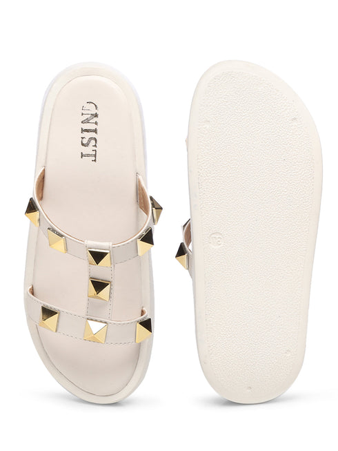 GNIST T Strap Studded Flatform White Platform heels