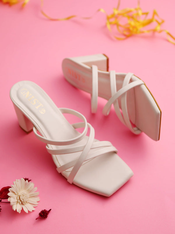 GNIST White Strappy Block Heel