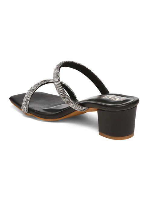 GNIST Black Embellished Party Block Heel